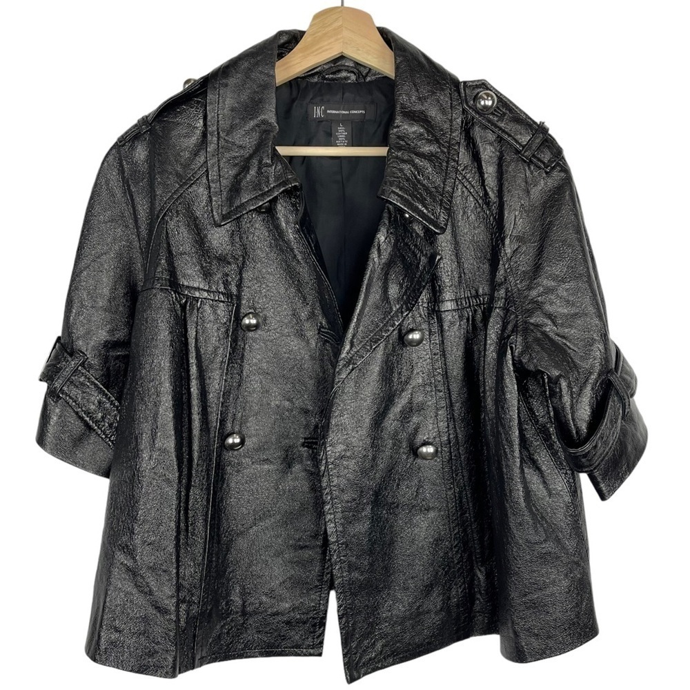 INC INTERNATIONAL CONCEPTS HIGH SHINE LEATHER HALF SLEEVE DOUBLE BREASTED COAT - Picture 4 of 11
